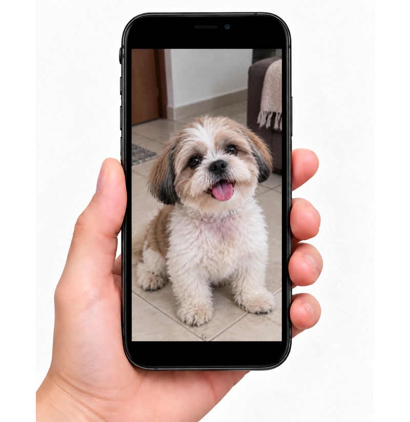 Celular mostrando uma foto visível e inteira de um cachorro