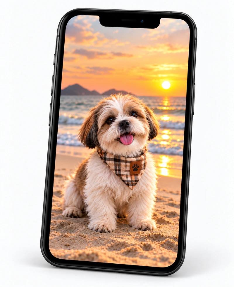 Celular mostrando o cachorro inteiro em um ensaio na praia